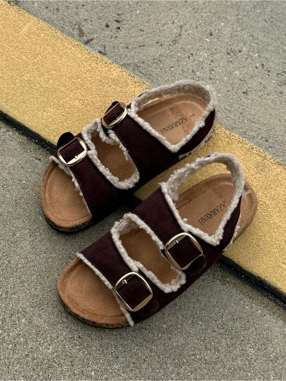 Cozy Faux Fur Double Buckle Slide Black Sandals